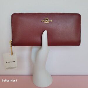 COACH Slim Accordion Smooth Calf Leather Zip-Around Wallet- Cherry color